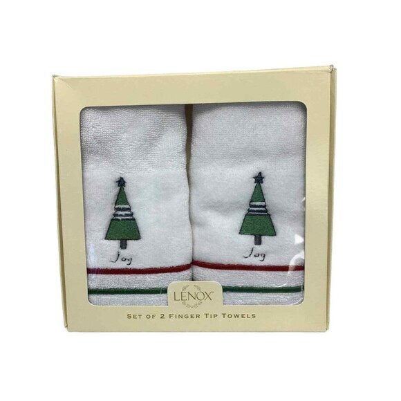 Lenox Other - Lenox Holiday Fingertip Towels Joy Christmas Trees Bathroom White Green Red NOS